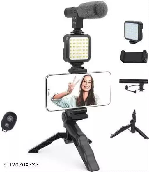 Vlogging Kit for Video Making (Mini Tripod Stand, Mic, LED Light & Phone Holder Clip)