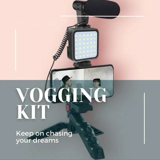 Vlogging Kit for Video Making (Mini Tripod Stand, Mic, LED Light & Phone Holder Clip)