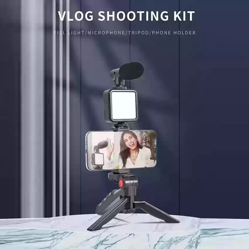 Vlogging Kit for Video Making (Mini Tripod Stand, Mic, LED Light & Phone Holder Clip)